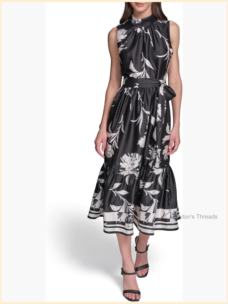 Sleeveless Mock Neck Printed Scarf Twill Midi Dress - Floral Fit & Flare